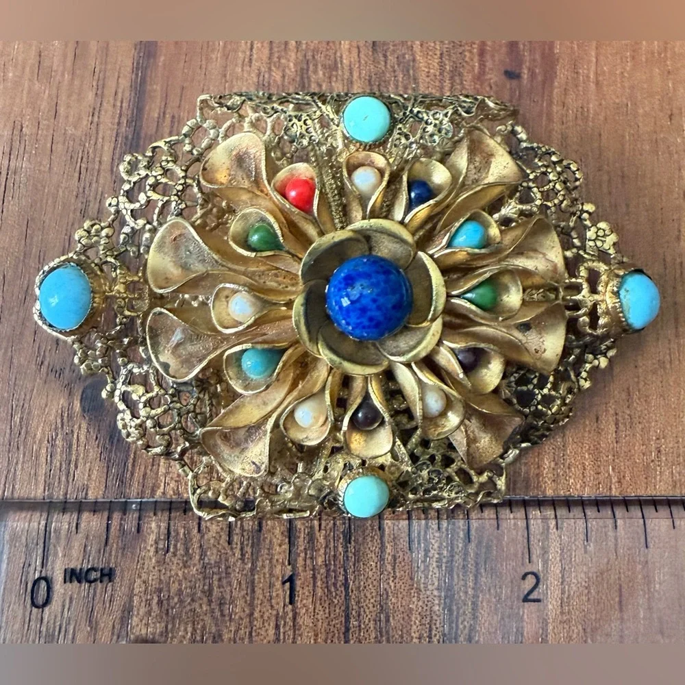 Vintage Gold Tone Filigree Brooch with Blue and Turquoise Plastic Accents